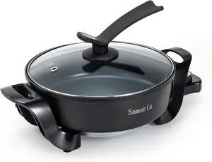 Samoris Electric Skillet with lid 3 Quart 10 Inch Round Cooker with Nonstick Coating,Electric Hot Pots and Frying Pan,Adjustable Temperature, Tempered Glass Lid with Vent, 1200W,Black