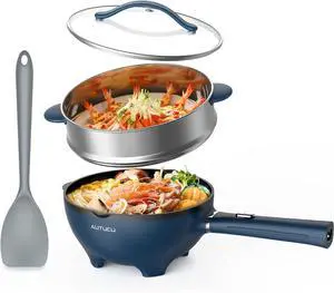 Non-Stick Electric Hot Pot 3-Quart with Steamer & Multi-Cooker | Electric Stir Fry Pan & Wok, 1200W for Sizzling Ramen, Soup, Stir-Fry | Dorm, Home, Gifts (Includes Silicone Spatula)