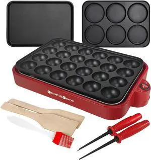 Multifunction Nonstick Baking Maker with 3 Interchangeable Baking Plates for Fried Eggs, Fried Steak, Takoyaki, Cake Pops, Grill Maker, RED-1