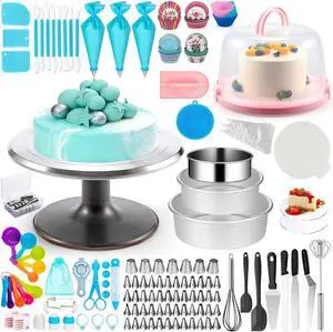 Aluminum Alloy Revolving Cake Stand & Carrier - 268PCS Kit with 54 Piping Tips, Acrylic Cake Discs, Various Spatulas