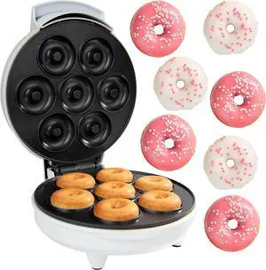 Mini Donut Maker- Electric NonStick Surface Makes 7 Small Doughnuts- Decorate Frost Ice Your Own for Kid Friendly Baked Dessert Treat- Unique Cooking Activity for Adults, Easy Bake Brunch Gift for Her