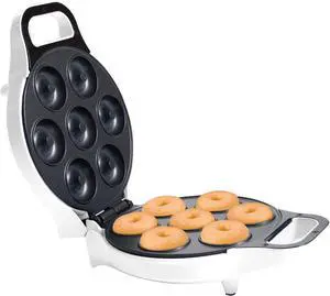 Chef Buddy Mini Donut Maker, Durable, Nonstick Easy to Use Mini Baking Machine - Cooks 7 Mini Doughnuts at a Time - Glazed, Frosted with Sprinkles, Nuts, or Vegan Donuts, & More, (White)