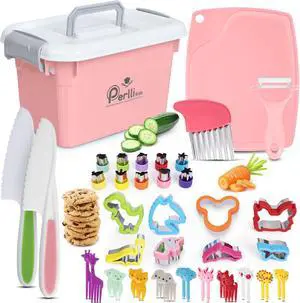 Perlli 44-Piece Toddler Cooking Set | Toddler Kitchen Set with Kids Safety Knives, Utensils, Peeler, Cutting Board & More | Kids Cooking Sets Real | Montessori Kitchen Sets for Children Ages 3+, Pink