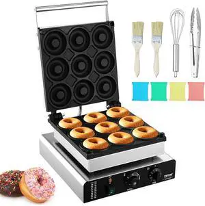 VEVOR Electric Donut Maker, 2000W Commercial Doughnut Machine with Non-stick Surface, 9 Holes Double-Sided Heating Waffle Machine Makes 9 Doughnuts, Temperature 122-572, for Restaurant and Home Use