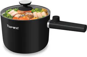 Topwit Hot Pot Electric, 1.5L Ramen Cooker, Portable Non-Stick Frying Pan, Electric Pot for Pasta, Steak, BPA Free, Electric Cooker with Dual Power Control, Over-Heating & Boil Dry Protection, Black