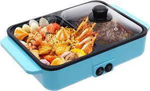 110V Hot Pot Electric, 2 In 1 Electric Hot Pot With Grill For Cooking, 1200W Electric Shabu Shabu Pot W/Dual Gear Power Control For Home, Party, Family & Friend Gathering, Blue
