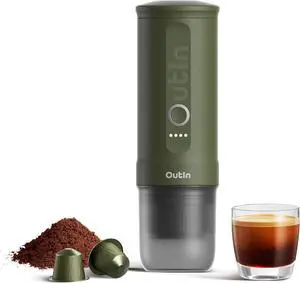 OutIn Nano Portable Electric Espresso Machine, Travel Coffee Maker for Camping, Car Coffee Maker Self-Heating with USB-C, With Ground Coffee & NS Capsule for RV, Hiking, Office