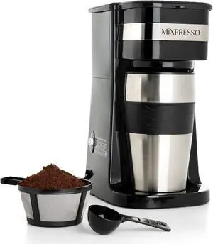 Mixpresso Personal Single Serve Coffee Maker & 14oz Travel Mug, Drip Small Coffee Maker & Tumbler, Auto Shut Off & Reusable Filter, Works with Ground Coffee Only  Not Compatible with K-Cup Pods