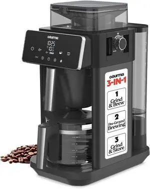 Gourmia 10-Cup Grind & Brew Coffee Maker  Built-in Adjustable Grinder, Programmable Digital Timer, 3 Brew Strengths, 4-Hour Keep-Warm, Auto Shut-Off, Pause & Serve, Glass Carafe, Stainless Steel