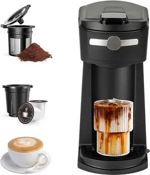 Single Serve K Cup Coffee Maker 2 in 1Machine,6 to 14 0z Brew Sizes,Auto Shut Off& Reusable Filter,Use Coffee Capsule&GroundCoffee&Loose Leaf Tea, Black