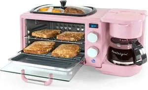 Nostalgia 3-in-1 Retro Breakfast Station - Includes 5 Cup Coffee Maker, Non-Stick Ceramic Griddle, and 4-Slice Toaster Oven - Built-In Timer, Reusable Coffee Filter, Space-Saving Design - Pink