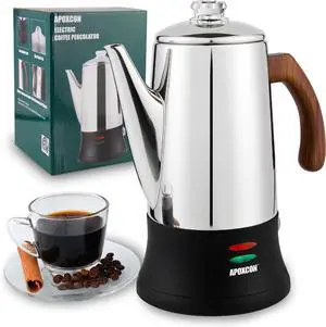 Electric Coffee Percolator Stainless Steel Coffee Maker with Heat Resistant Tough Glass Clear Brew Progress Knob & Treated Solid Wood Handle Cordless Serving Coffee Pot On/OFF Switch 8 Cup