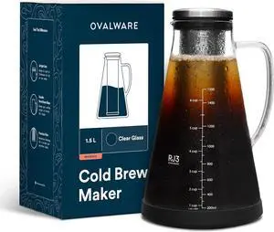 OVALWARE Airtight Cold Brew Iced Coffee Maker Pitcher (& Iced Tea Maker) with Spout  1.5L/ 51oz Brewing Glass Carafe with Removable Stainless Steel Filter