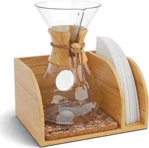 HEXNUB  Caddy for Pour Over Coffee Maker, Bamboo Stand fits Chemex, Bodum, Cosori Coffee Carafes, Heatproof Mat, Filter Holder for Drip Coffee Maker - Cork Mat