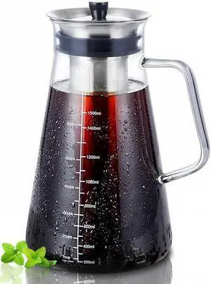 Aquach Airtight Cold Brew Coffee (Iced Tea) Maker 51oz/1.5L, BPA-Free, Durable Borosilicate Glass Pitcher and Stainless Steel Fine-Mesh Filter, Dishwasher Safe, Spill-proof, 6 Cups Capacity