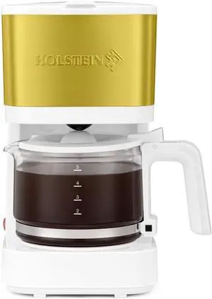 Holstein Housewares 5-Cup Coffee Maker - Pause N Serve, One-Touch Operation, Non-Stick Warming Plate, Water Level Indicator - Reusable Filter - Compact Design - White and Gold Color