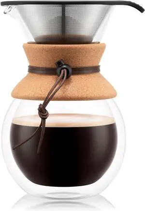 Bodum 34oz Pour Over Coffee Maker, High-Heat Borosilicate Glass with Reusable Stainless Steel Filter and Double Wall Cork Grip - Made in Portugal