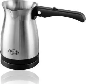 Alpine Cuisine Electric Turkish Coffee & Tea Maker | Stainless Steel Pot for Traditional Arabic & Greek Brewing | 4-Cup Capacity, Cool-Touch Foldable Handle, Cordless Base, Silver/Black