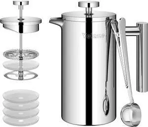 Velaze French Press Coffee Maker 34oz, Double Wall Insulated French Coffee Press Stainless Steel, 1L Coffee Maker Included 4 Extra Fliters and 1 Coffee Spoon, Silver