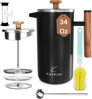 Metal French Press - Double Walled Stainless Steel Insulated Coffee and Tea Maker with Triple-Filter-System - Keep Drinks Hotter for Longer, Perfect for Home and Travel (Matte Black, 34 Oz)