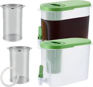 2 Pcs Cold Brew Maker 1 Gallon Plastic Cold Brew Coffee Maker and 2 Filter Infuser Beverage Drink Dispensers for Parties Cold Brew Pitcher with Spigot Juice Containers for Water (Green)