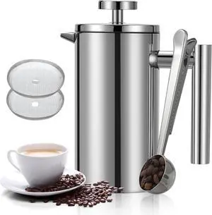 French Press Coffee Maker 34oz, Double-Wall Insulated French Press Stainless Steel 1L for travel camping, Included 2 Extra Screens and 1 Coffee Spoon 6-8cup 1000ml
