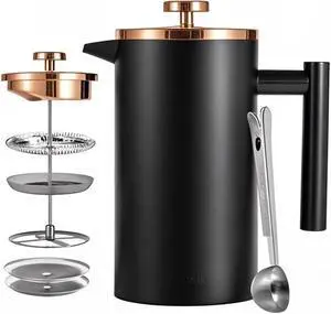 Black French Press Stainless Steel 34oz, Double Wall Insulated Coffee Press 1L for travel camping with 2 Extra Filter Screens and 1 Coffee Spoon8cup 1000ml