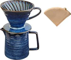 Pour Over Coffee Maker,Ceramic Coffee Maker With 40 pcs V60 Paper Filter15oz/450ml Pour Over Coffee Dripper (Starry Blue, V02)