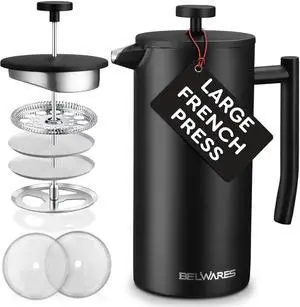 Belwares French Press Coffee Maker 50 OZ - Large Insulated Stainless Steel 304 Coffee Press with Double Wall & 4-Level Filtration System (Black - 1.5L)