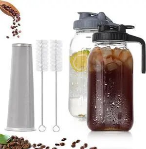 2 Quart Glass Pitcher with Lid for Fridge, Cold Brew Coffee Maker 64 oz, 2 Pack Airtight Leakproof Iced Tea Pitcher with Stainless Steel Filter, New Years Gifts for Friends (Black & Gray)