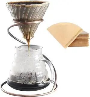 Pour Over Coffee Maker Set - Glass Dripper, Metal Stand, 600ml Heat-Resistant Server, 40 Filters - 4 in 1 for Home or Office (Bronze)