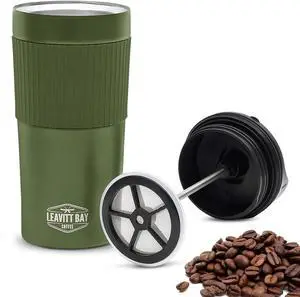Portable French Press Travel Mug  Insulated Stainless Steel French Press Mug for Hot or Cold Brew  Durable Travel Coffee Maker  On-the-Go Tea & Coffee Maker (Army Green)