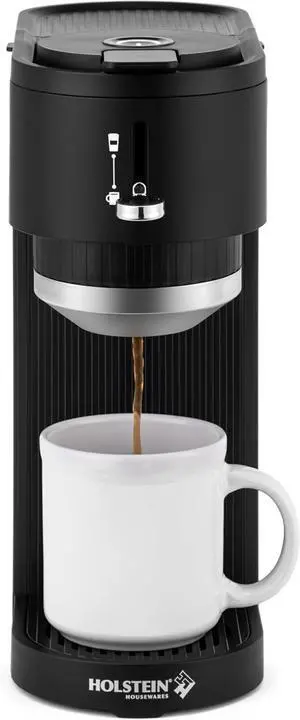 Holstein Housewares Single Serve Coffee Maker, 2 in 1 Coffee Machine, Dual Brew, K-Cup & Ground Coffee Compatible, Reusable Filter, Fits Different Cup Sizes, One Touch Operation