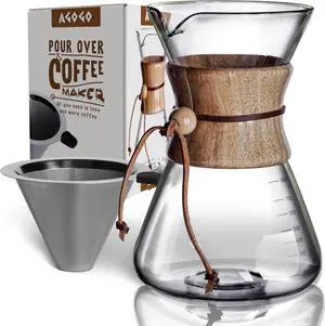 AGOGO Pour Over Coffee Maker Glass - 6/8/10 Cup Barista Kit with 304 Stainless Filter for Home, Office, Camping, Cafes - Easy Clean Coffee Dripper Set (Rag&Brush Included) (8 Cup/28 oz-Slim Shape)