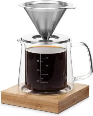 Brew To A Tea BTaT - Pour Over Coffee Maker Set, Double Wall Glass, 16 oz, Permanent Filter, Coffee Pour Over, Manual Dripper