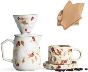 Handcrafted Pour Over Coffee Maker Set with Coffee Cup with Strawberry Pattern 20 Count Paper Filter V60 Drip Coffee Maker 20 oz Coffee Dripper (Strawberry)