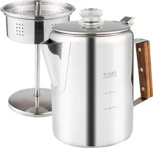Percolator Coffee Pot Using on Induction Cooker & Campfire Stove, Stainless Steel Camping Coffee Pot Coffee Maker with Tempered Borosilicate Glass Knob Top NO Aluminum NO Plastic 9 Cup