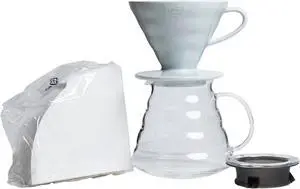 Hario V60 Coffee Pour Over Kit Bundle Set - Comes with Ceramic Dripper, Range Server Glass Pot, Measuring Spoon, and 100 Count Package of Hario 02W Coffee Filters