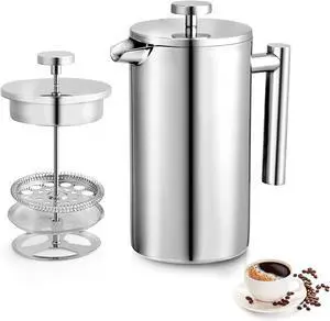 34oz French Press Coffee Maker, 1000ml Stainless Steel Double Insulated Cafetiere 8 Cup Espresso Coffee Press, Portable Coffee Plunger Pot for Home, Office, Camping