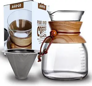 AGOGO Pour Over Coffeemaker Dripper with 304 Stainless Steel Filters Carafe High Capacity 10 Cup