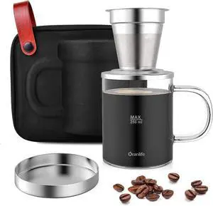 Pour Over Coffee Maker Set for Travel/Camping/Hiking, Single Cup, Stainless Steel Coffee Filter, 14 Oz Borosilicate Glass Mug, Extra Permanent Lid and Moulded Neoprene Case, at Home/Office