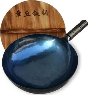 shuoguoleilei Chinese Hand Hammered Iron Woks Set, Non-stick No Coating Preseasoned Wok Blue Round Bottom Wok Pan For Electric, Induction and Gas Stoves Blue Black-13