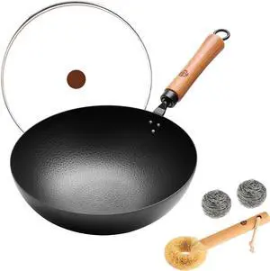 WANGYUANJI 11-Inch Carbon Steel Wok with Wooden Handle & Glass Lid,Round Bottom Pow Wok Pan for Gas Stove & Open Flame Cooking