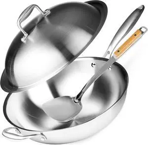 Willow & Everett Stainless Steel Flat Bottom Wok Pan, Professional Traditional Stir Fry Cookware w/Domed Lid & Spatula, Low Maintenance Rust & Scratch Resistant for Induction Gas Electric Stove Top