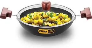 HAWKINS Futura 1.5 Litre Deep Fry Pan, Hard Anodised Kadai with Glass Lid, Round Bottom Kadhai, Small Kadai, Black (AK15G)