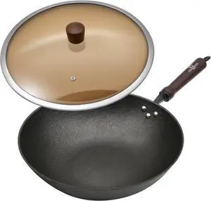 Cast Iron Wok Pan, 11.8" Preseasoned Nonstick Stir-Fry Pans with Glass Lid and Wood Handle, Uncoated Traditional Chinese Wok for Induction, Electric, Gas Stoves