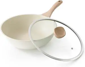 Nonstick Wok with Lid, 12 Inch Woks & Stir-fry Pans, Healthy Coating Induction Cookware, Compatible with All Stovetops, PFOA Free (Cream White)
