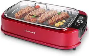 Smokeless Indoor Grill, Techwood 1500W Electric Grill Portable Korean Grill Non-Stick Grill Plates with Temperature Control, Removable Drip Tray, Tempered Glass Lid, Dishwasher-Safe