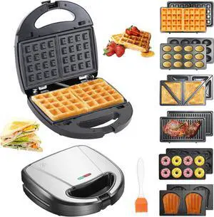 6 in 1 Waffle Iron Set, Panini Press Grill and Electric Sandwich Maker with Removable Non-Stick Plate, Ideal for Cooking Grilled Cheese, Tuna Melts, Burgers