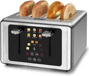 whall 4 Slice Touch Screen Toaster, Stainless Steel Toasters Digital Timer, Dual Control Panel Toasters6 Shade Settings6 Bread Types, Smart Wide Slots, Bagel, Cancel, Defrost,Flat lever Stainless